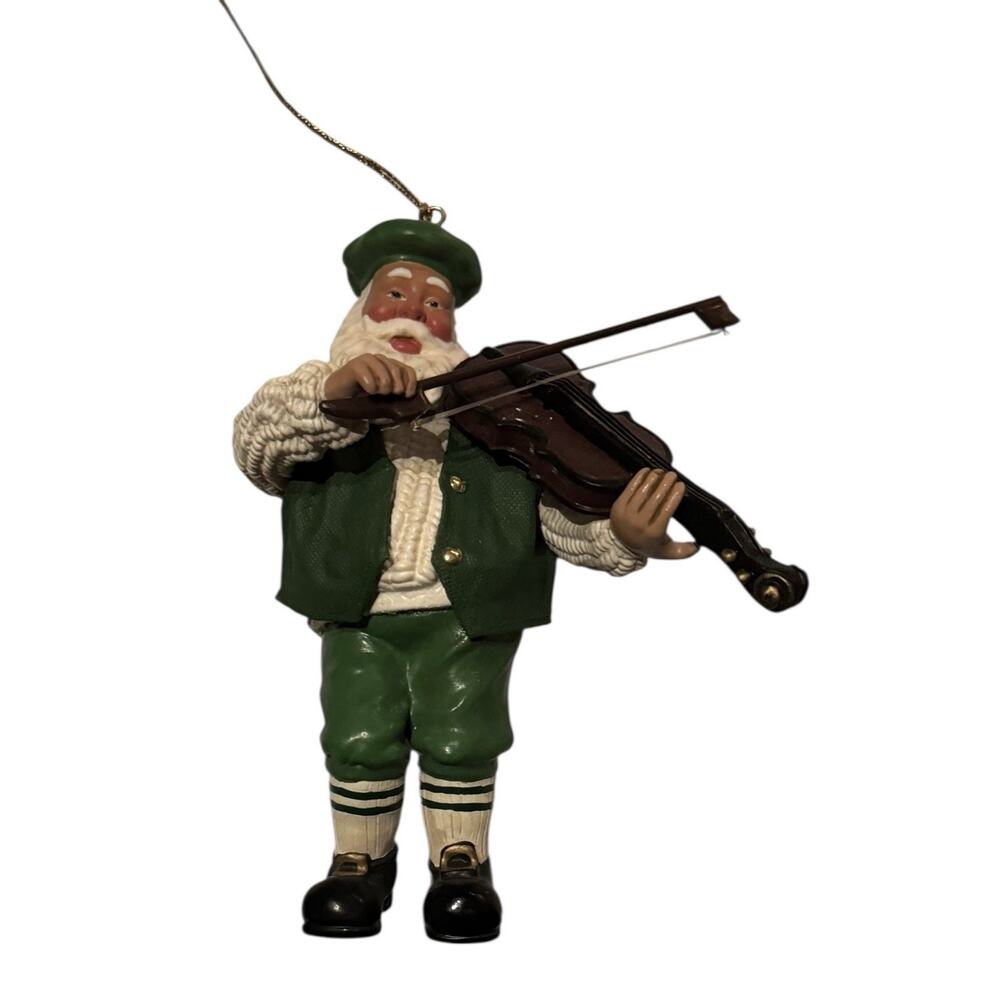 Santa Playing Violin Ornament Green Outfit Musician Christmas Figure Holiday Dec